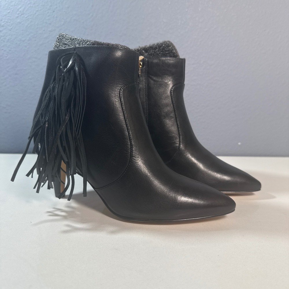 Nine West Jetra Ankle Boots Womens 5M Black Leather Fringe Pointed Toe